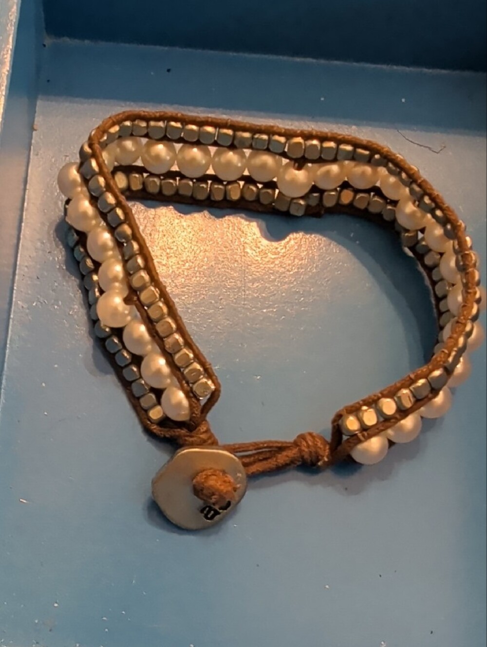 American Eagle Outfitters Pearl and Brown Wrap Bracelet